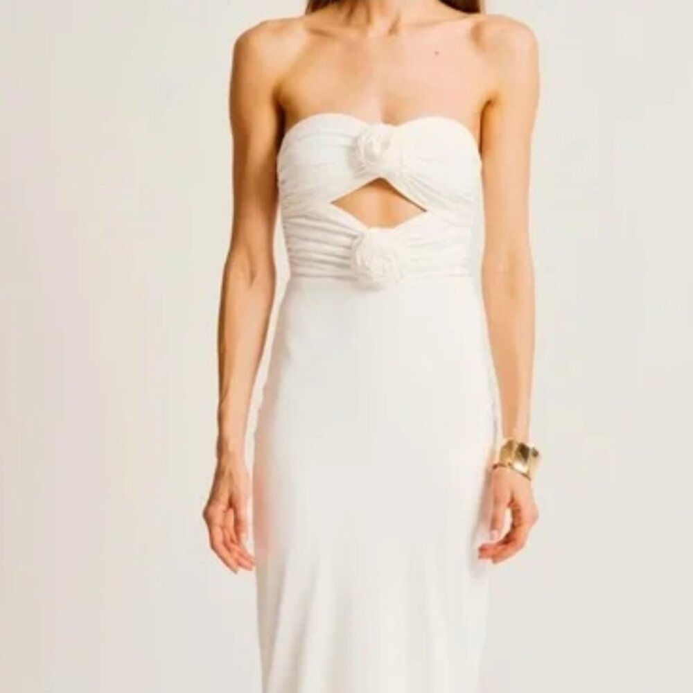 New Torn by Ronny Kobo Selena Strapless Cutout Rosette Bodycon Ivory Midi Dress